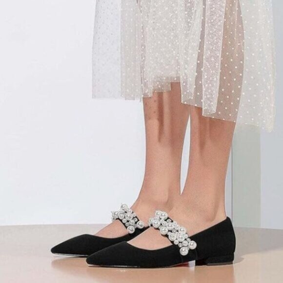 XYD Shoes - XYD Black Pointed Toe Velvet Flats Pearl Strap Beaded Mary Janes Stylish Shoes